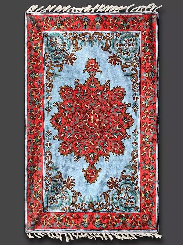 Exotic India Crimson And Amber Cashmere Wool Chain Stitched Embroidered Carpet With Tassels And Traditional Motifs From Kashmir 