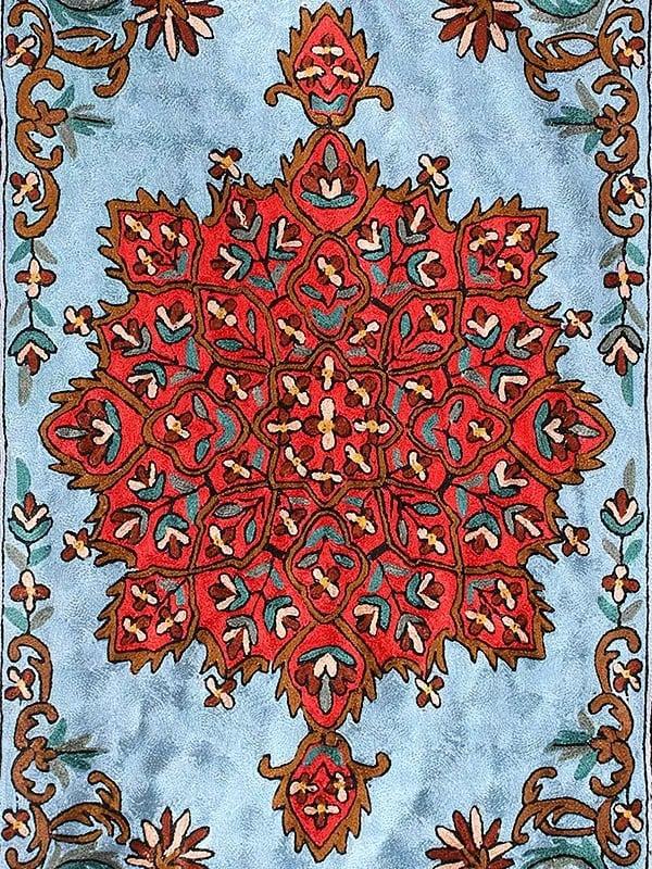 Exotic India Crimson And Amber Cashmere Wool Chain Stitched Embroidered Carpet With Tassels And Traditional Motifs From Kashmir 
