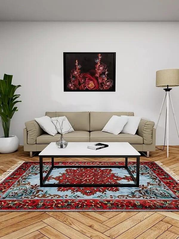 exotic india Crimson and Amber Cashmere Wool Chain Stitched Embroidered Carpet with Tassels and Traditional Motifs from Kashmir 