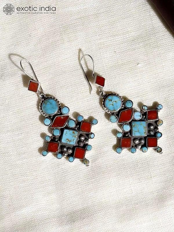 Exotic India Cripple Creek Turquoise And Coral Earrings | Sterling Silver Jewelry