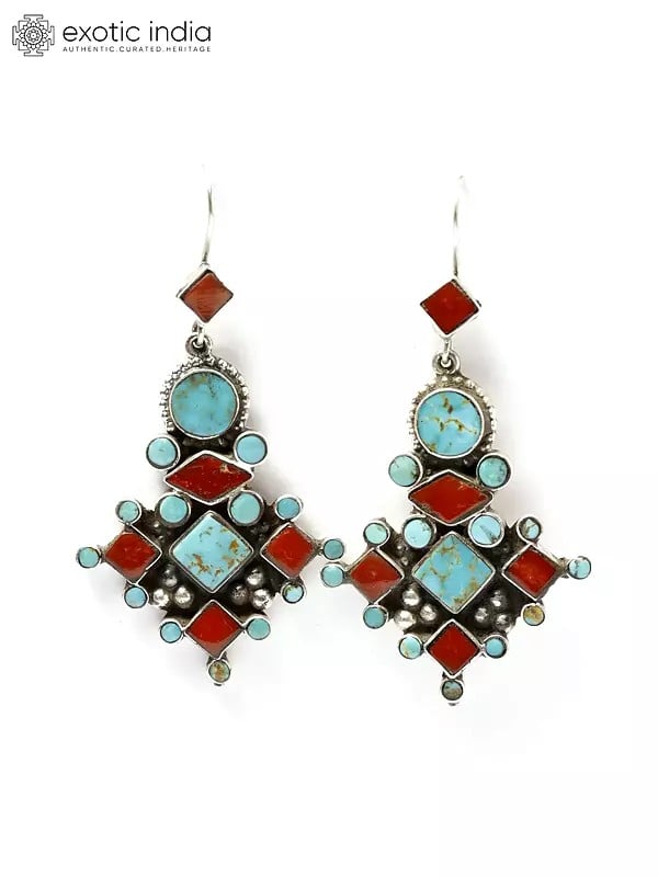 exotic india Cripple Creek Turquoise and Coral Earrings | Sterling Silver Jewelry 