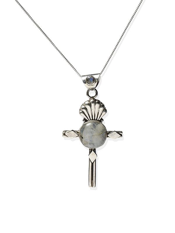 exotic india Cross Pendant with Round Cut Rainbow Moonstone