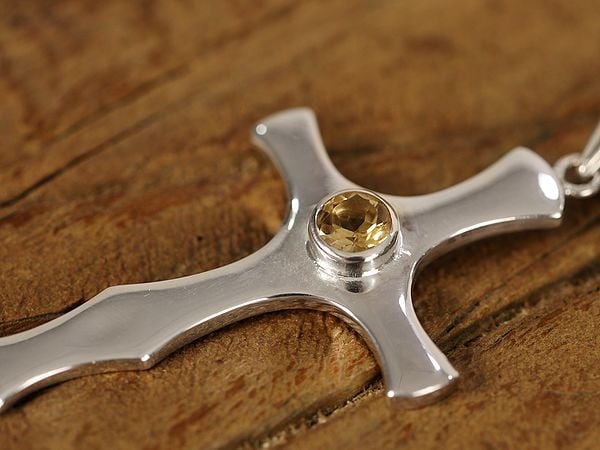 Exotic India Cross With Stone In Center | Sterling Silver Pendant 