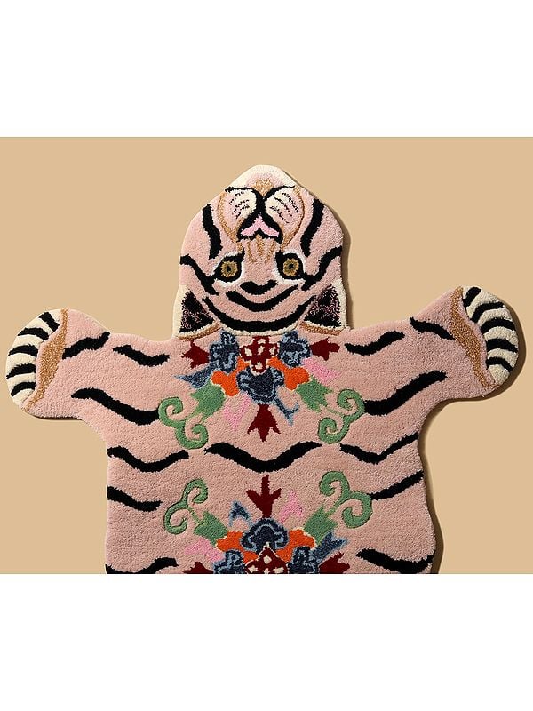 Exotic India Crystal-Pink Handmade Tufted Tibetan Tiger Yogic Asana Mat From Mirzapur 