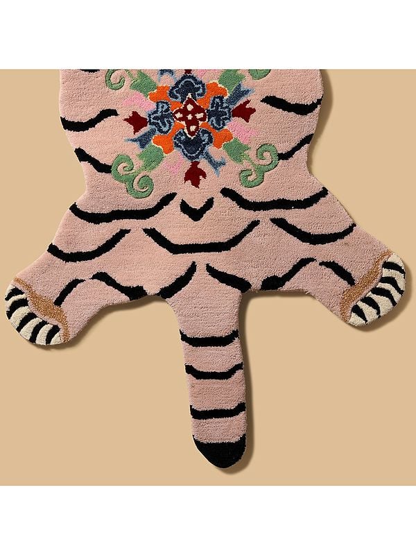 Exotic India Crystal-Pink Handmade Tufted Tibetan Tiger Yogic Asana Mat From Mirzapur 