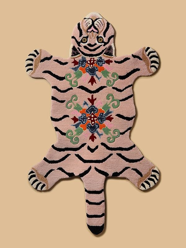 exotic india Crystal-Pink Handmade Tufted Tibetan Tiger Yogic Asana Mat from Mirzapur 