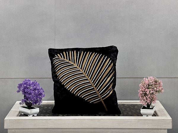 exotic india Cushion Cover Velvet Leaf Filled with Gold Sparkle Print 