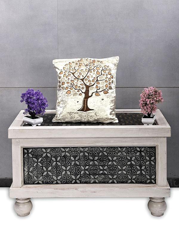 Exotic India Cushion Cover Velvet Tree Gold Sparkle Print 
