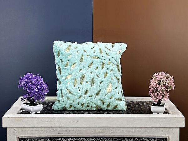 Exotic India Cushion Cover With Printed Golden Feathers And Faux Fur 