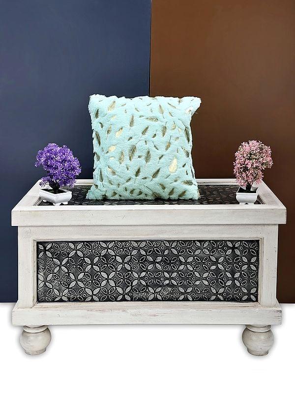 exotic india Cushion Cover with Printed Golden Feathers and Faux Fur 