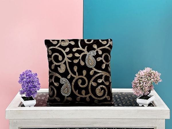 Exotic India Cushion Cover With Zari-Embroidered Paisleys And Sequins 
