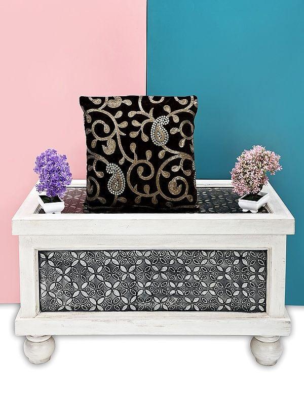 exotic india Cushion Cover with Zari-Embroidered Paisleys and Sequins 
