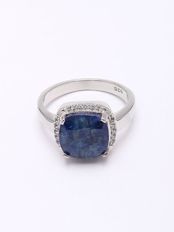 Exotic India Cushion Cut Blue Sapphire Ring With Cubic Zirconia 