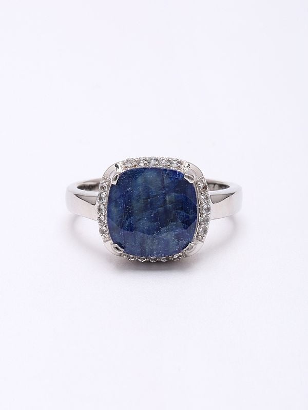Exotic India Cushion Cut Blue Sapphire Ring With Cubic Zirconia 