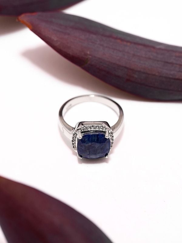 Exotic India Cushion Cut Blue Sapphire Ring With Cubic Zirconia 