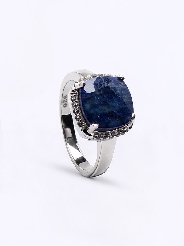 exotic india Cushion Cut Blue Sapphire Ring with Cubic Zirconia 