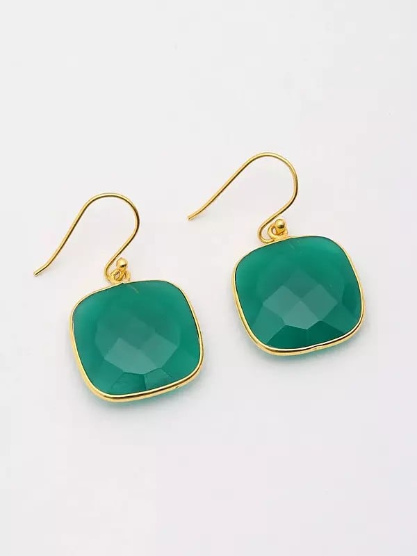 Exotic India Cushion Shape Faceted Green Onyx Earrings 