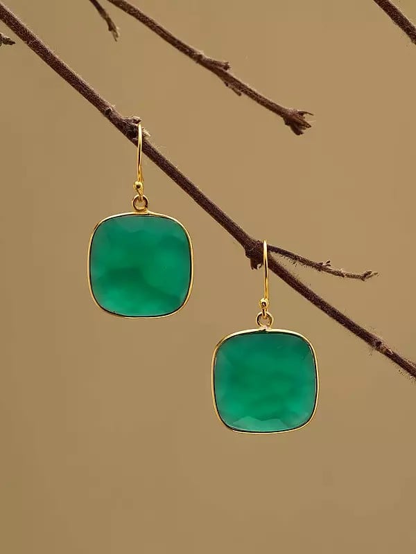 exotic india Cushion Shape Faceted Green Onyx Earrings 