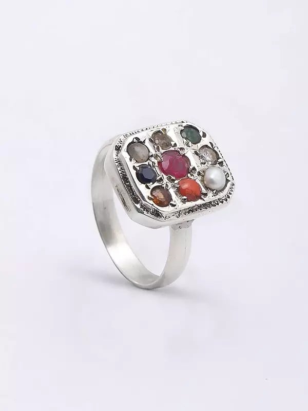 Exotic India Cushion Shape Navaratna Ring | Unisex Indian Jewelry 