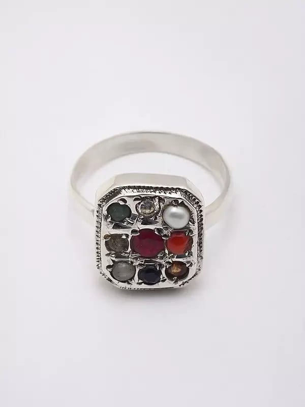 Exotic India Cushion Shape Navaratna Ring | Unisex Indian Jewelry 
