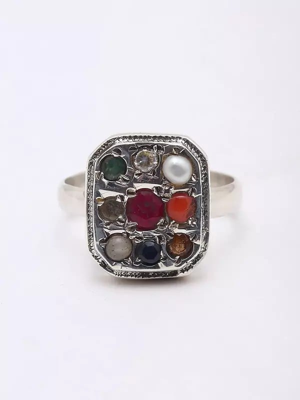 Exotic India Cushion Shape Navaratna Ring | Unisex Indian Jewelry 