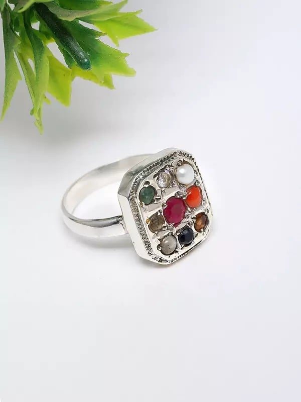 exotic india Cushion Shape Navaratna Ring | Unisex Indian Jewelry 