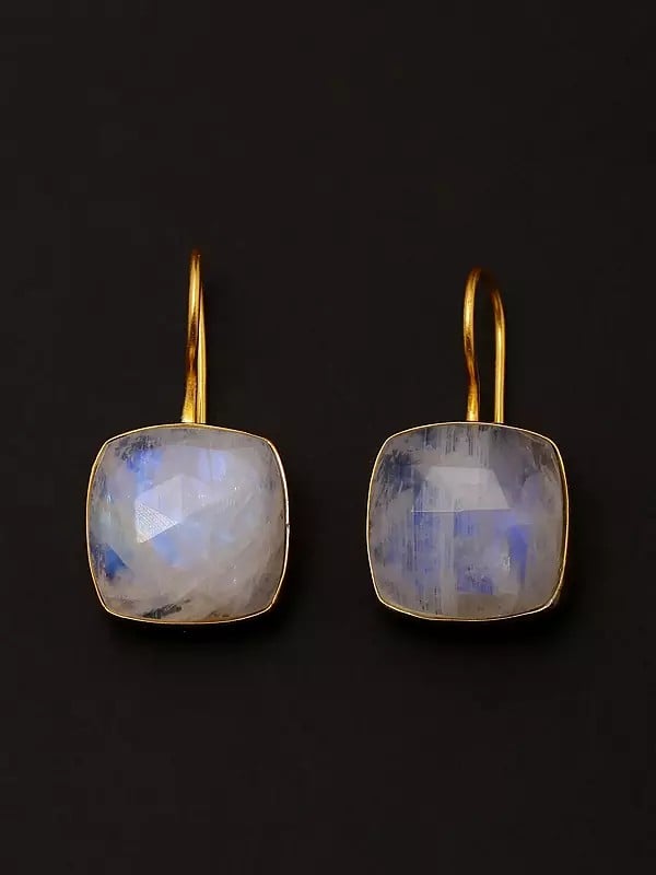 Exotic India Cushion Shape Rainbow Moonstone Earrings 