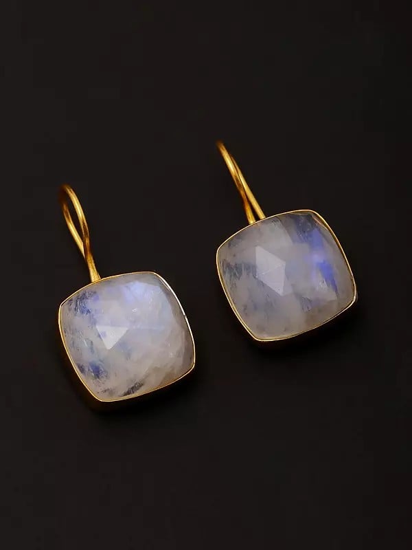 Exotic India Cushion Shape Rainbow Moonstone Earrings 