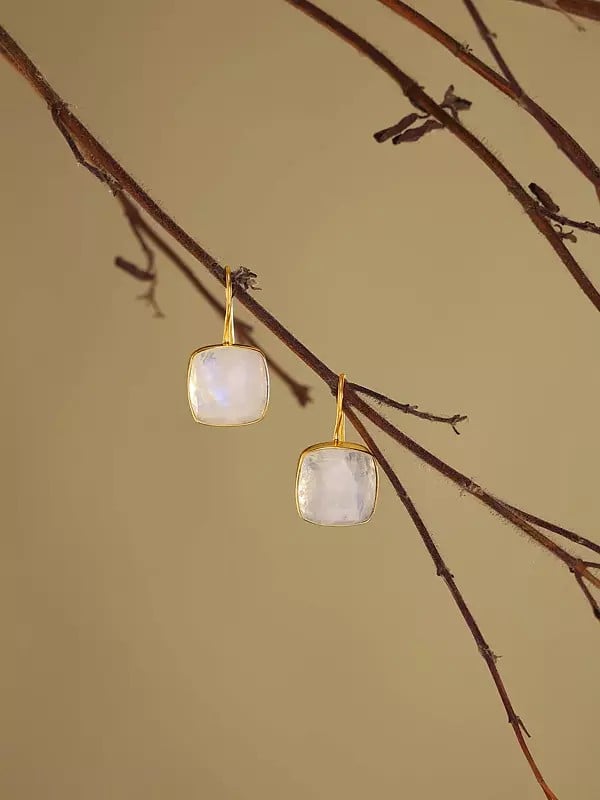 Exotic India Cushion Shape Rainbow Moonstone Earrings 