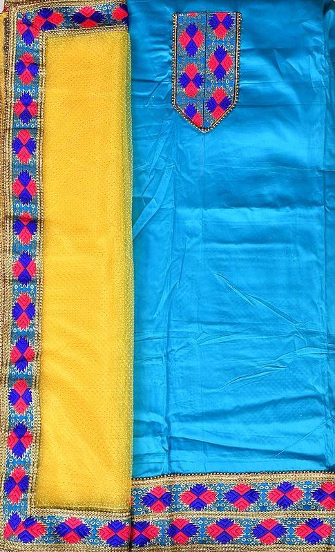 exotic india Cyan-Blue and Yellow Phulkari Salwar Kameez Fabric from Punjab with Embroidered Patches and Net Dupatta 