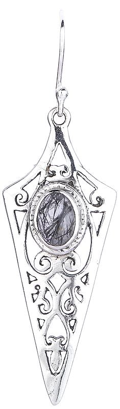 Exotic India Dagger Shaped Sterling Silver Earrings With Rutilated Quartz