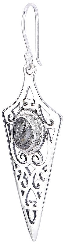 Exotic India Dagger Shaped Sterling Silver Earrings With Rutilated Quartz
