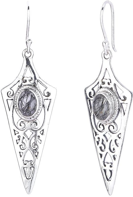 exotic india Dagger Shaped Sterling Silver Earrings with Rutilated Quartz 