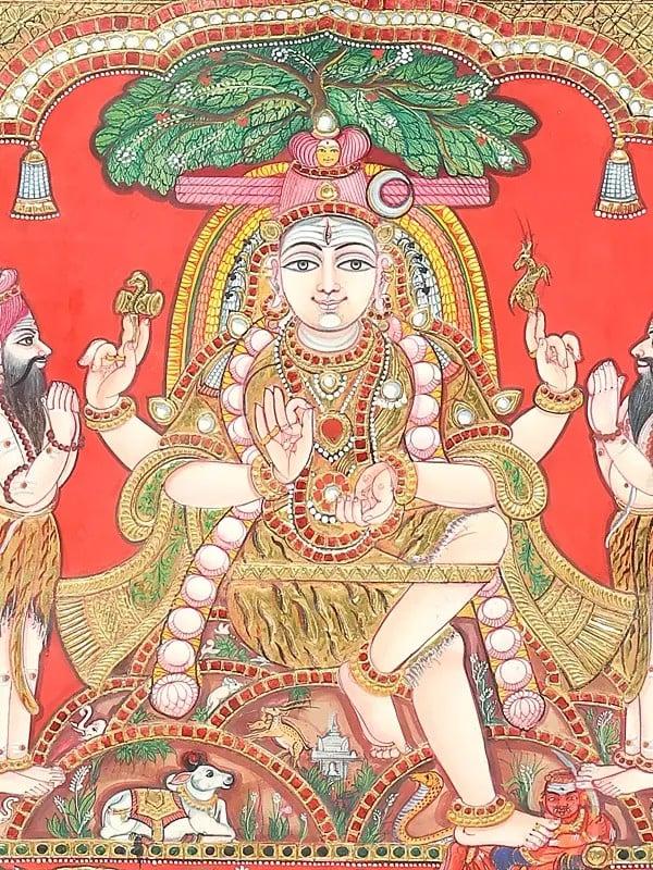 Exotic India Dakshinamurthy Lord Shiva | Framed Tanjore Painting