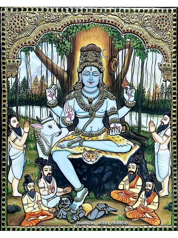 exotic india Dakshinamurthy Lord Shiva Tanjore Painting | Traditional Colors with Gold Work 