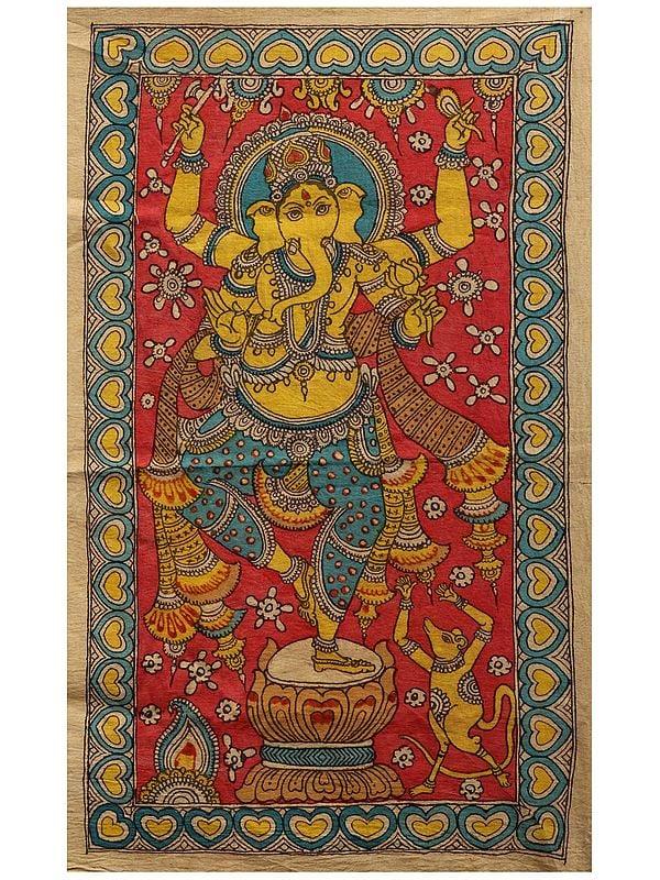 exotic india Dancing Ganesha | Kalamkari Painting on Cotton 