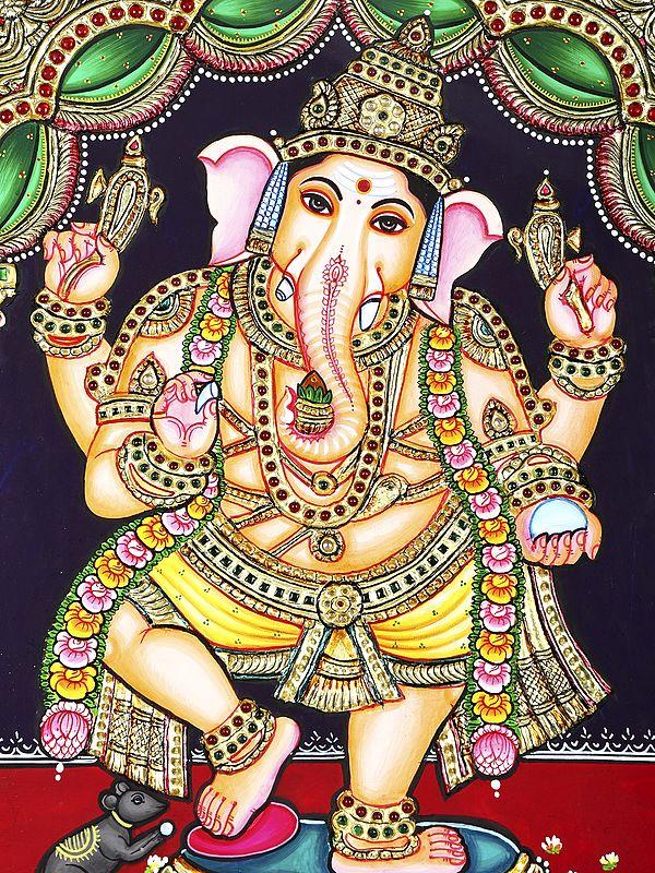 Exotic India Dancing Lord Ganesha | 24 Karat Gold Work | Framed Tanjore Painting 