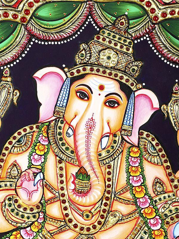 Exotic India Dancing Lord Ganesha | 24 Karat Gold Work | Framed Tanjore Painting 