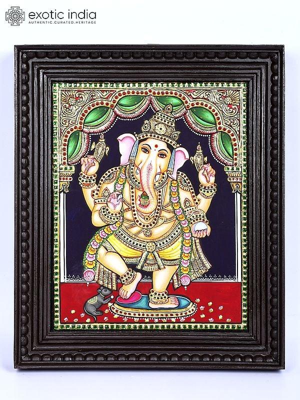 exotic india Dancing Lord Ganesha | 24 Karat Gold Work | Framed Tanjore Painting 