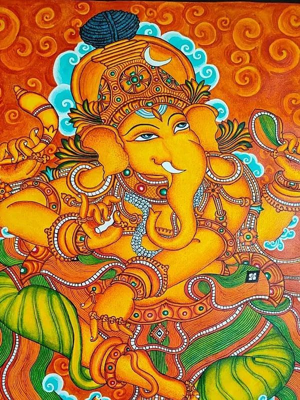 Exotic India Dancing Lord Ganesha | Acrylic On Canvas | Traditional Kerala Mural Art 