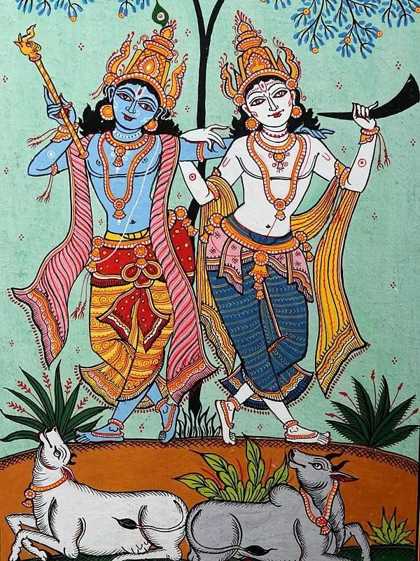 Exotic India Dancing Lord Krishna With Brother Balaram | Pattachitra Painting From Odisha