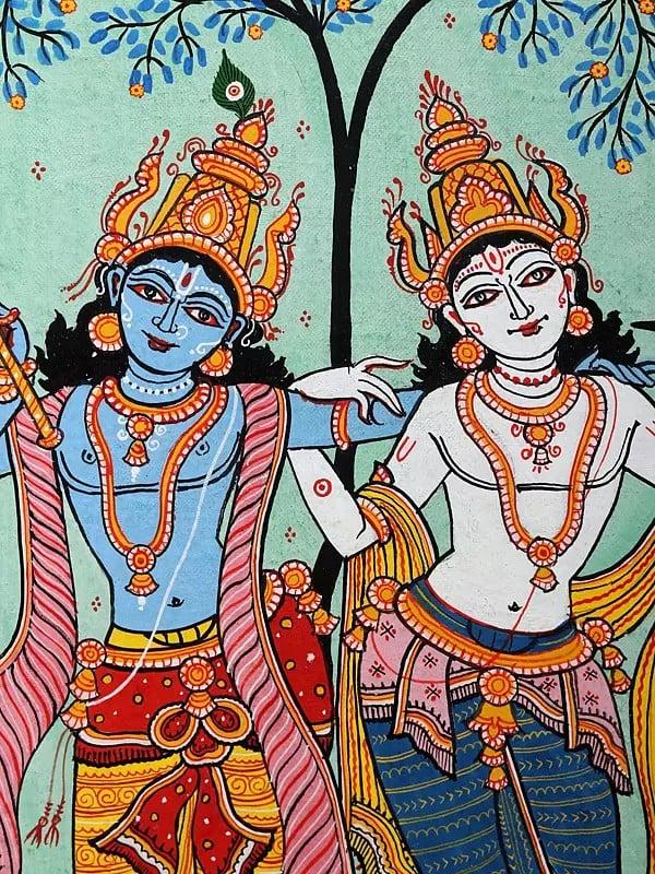 Exotic India Dancing Lord Krishna With Brother Balaram | Pattachitra Painting From Odisha