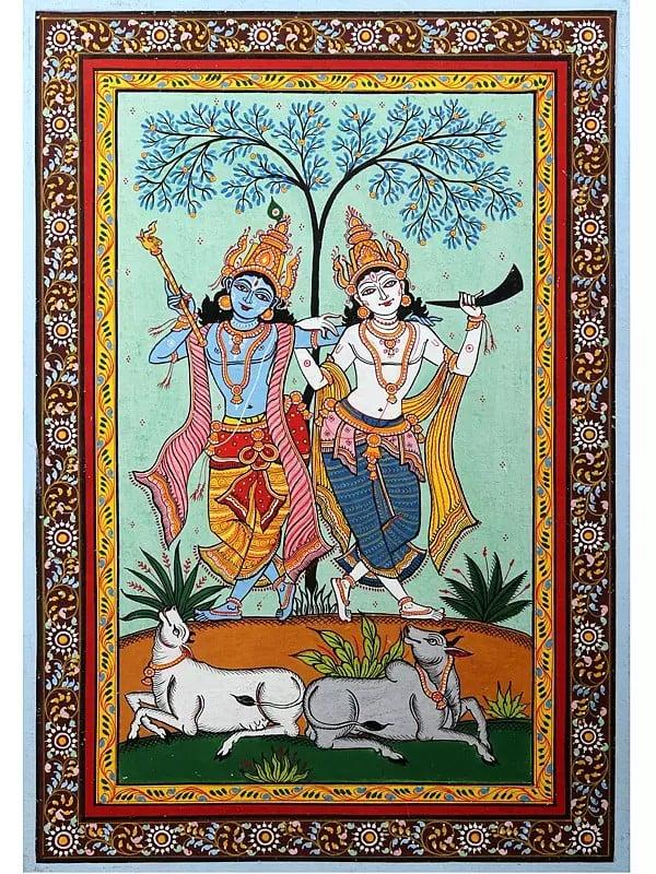 exotic india Dancing Lord Krishna with Brother Balaram | Pattachitra Painting from Odisha 