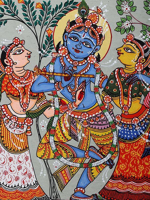 Exotic India Dancing Lord Krishna With Rukmini And Satyabhama | Pattachitra Painting From Odisha