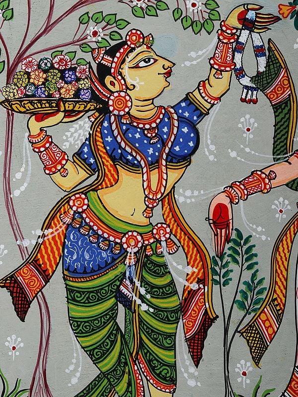 Exotic India Dancing Lord Krishna With Rukmini And Satyabhama | Pattachitra Painting From Odisha