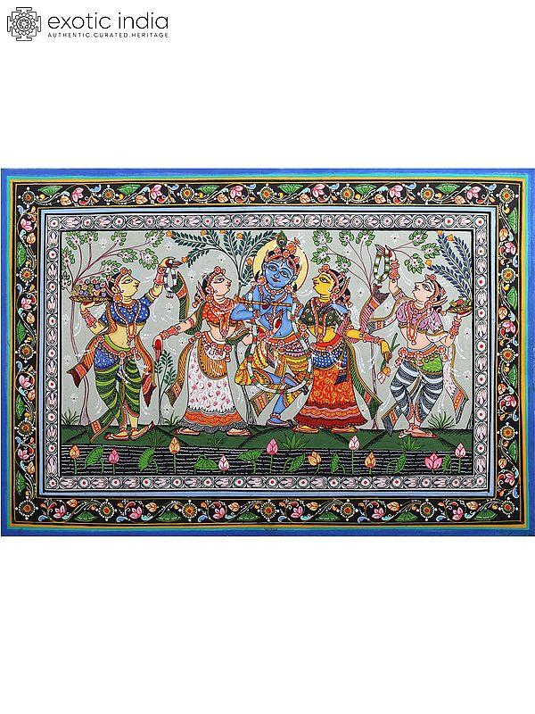 exotic india Dancing Lord Krishna with Rukmini and Satyabhama | Pattachitra Painting from Odisha 