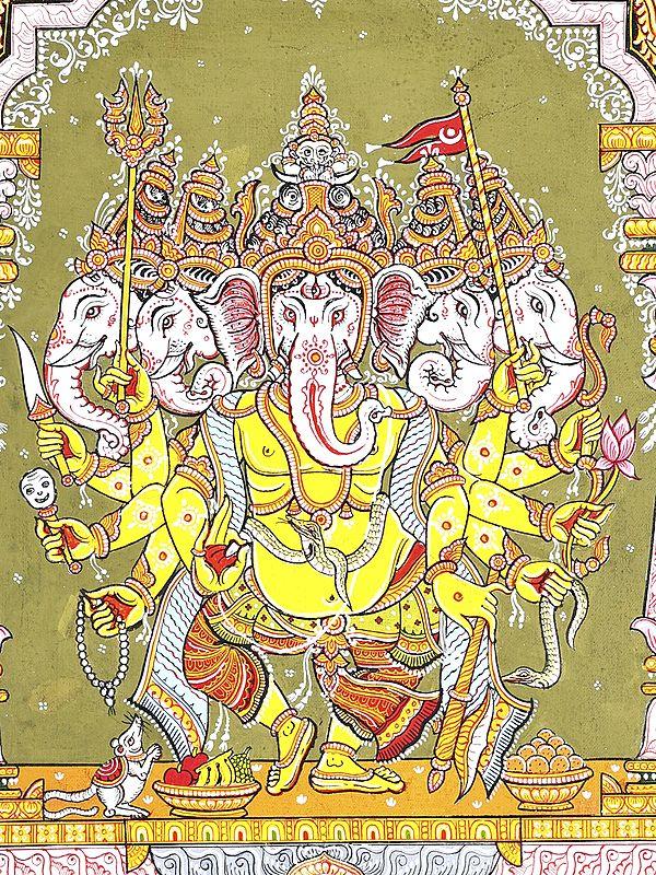 Exotic India Dancing Panchamukhi Lord Ganesha | Pattachitra Painting