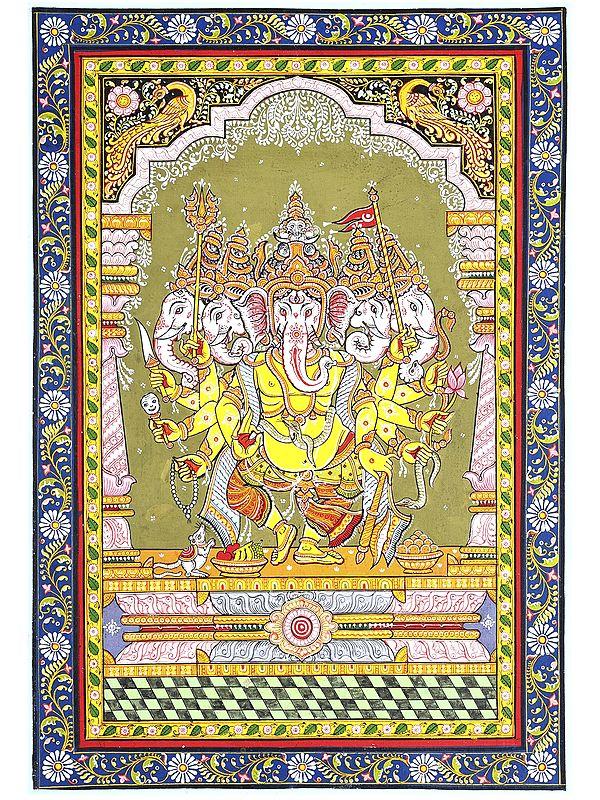 exotic india Dancing Panchamukhi Lord Ganesha | Pattachitra Painting