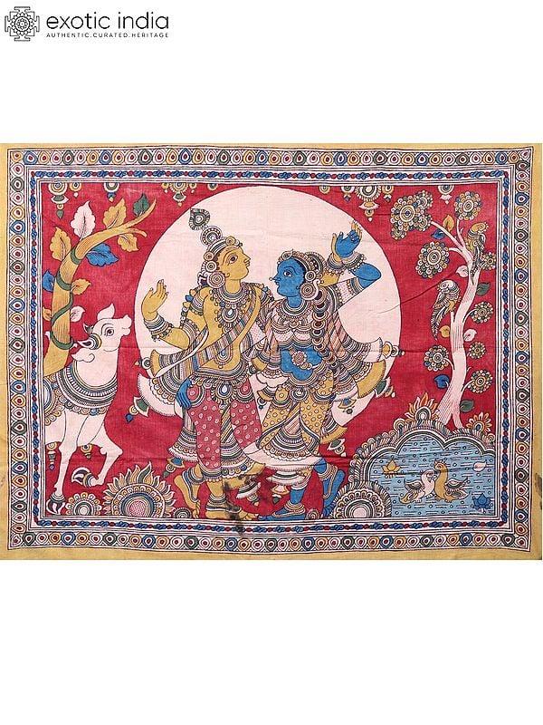 exotic india Dancing Radha Krishna with Cow | Kalamkari Art 