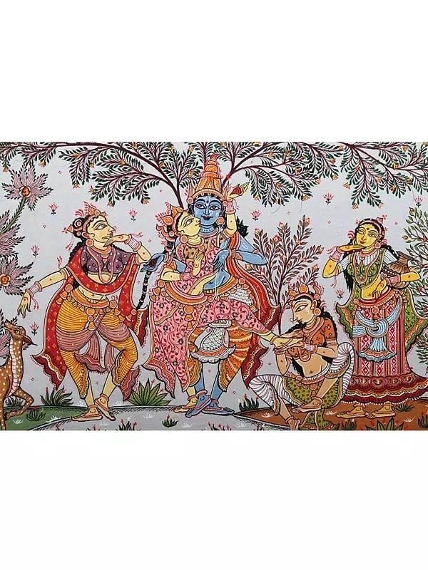 Exotic India Dancing Radha-Krishna With Gopis | Pattachitra Painting From Odisha 